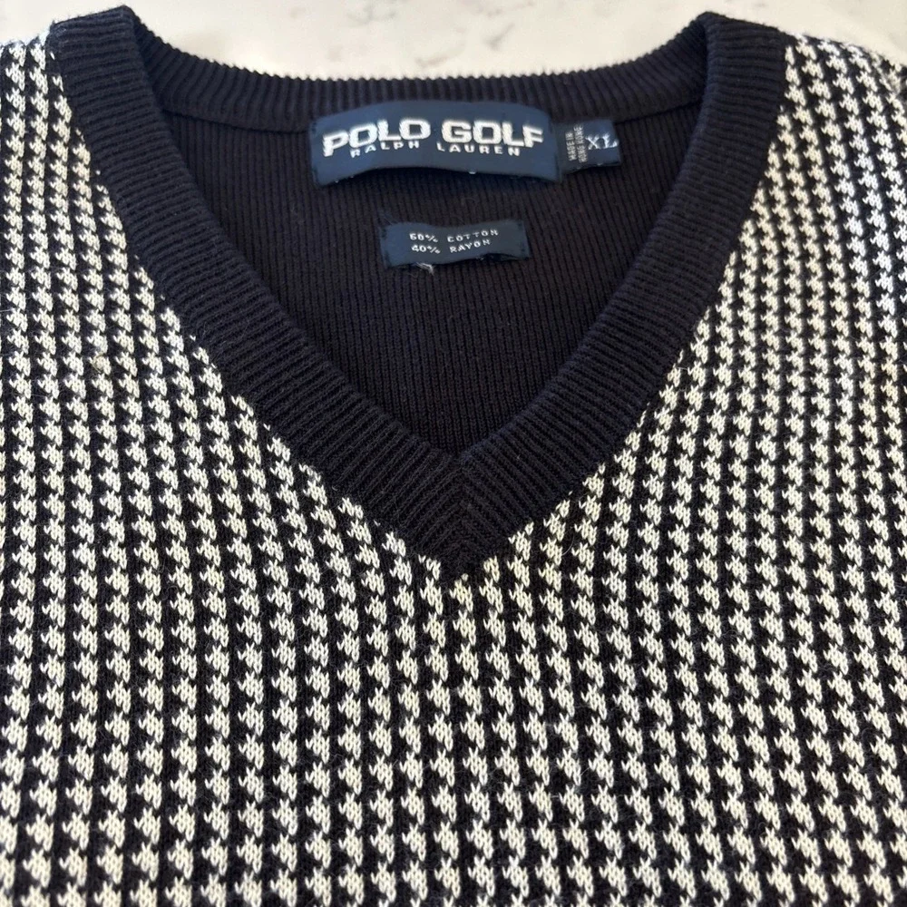 Ralph Lauren Polo Golf Sweater Vest Cotton Houndstooth Black‎ White Grandpa XL